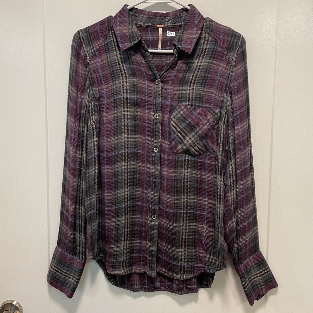 Free People Plaid Flannel Button Down Shirt‎ Purple Grey Long Sleeve XS 0343
